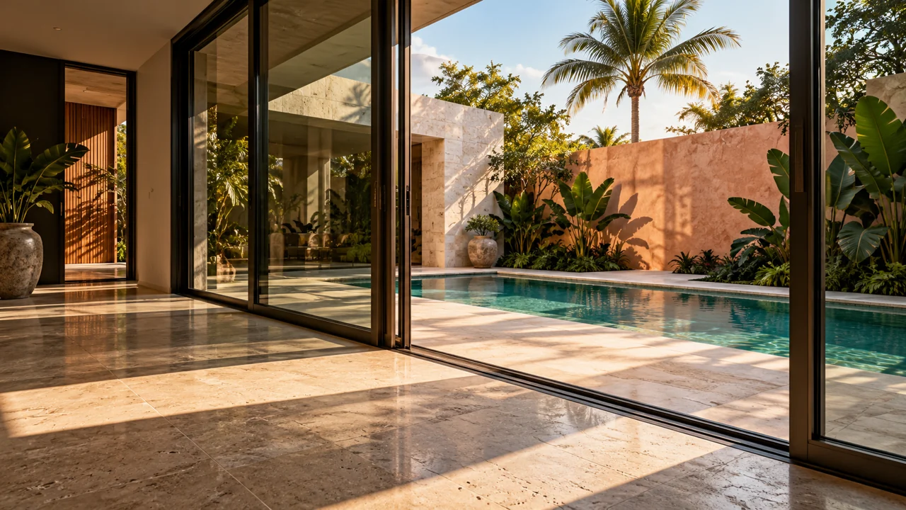 AI architectural illustration of a Florida courtyard viewed through sliding glass doors